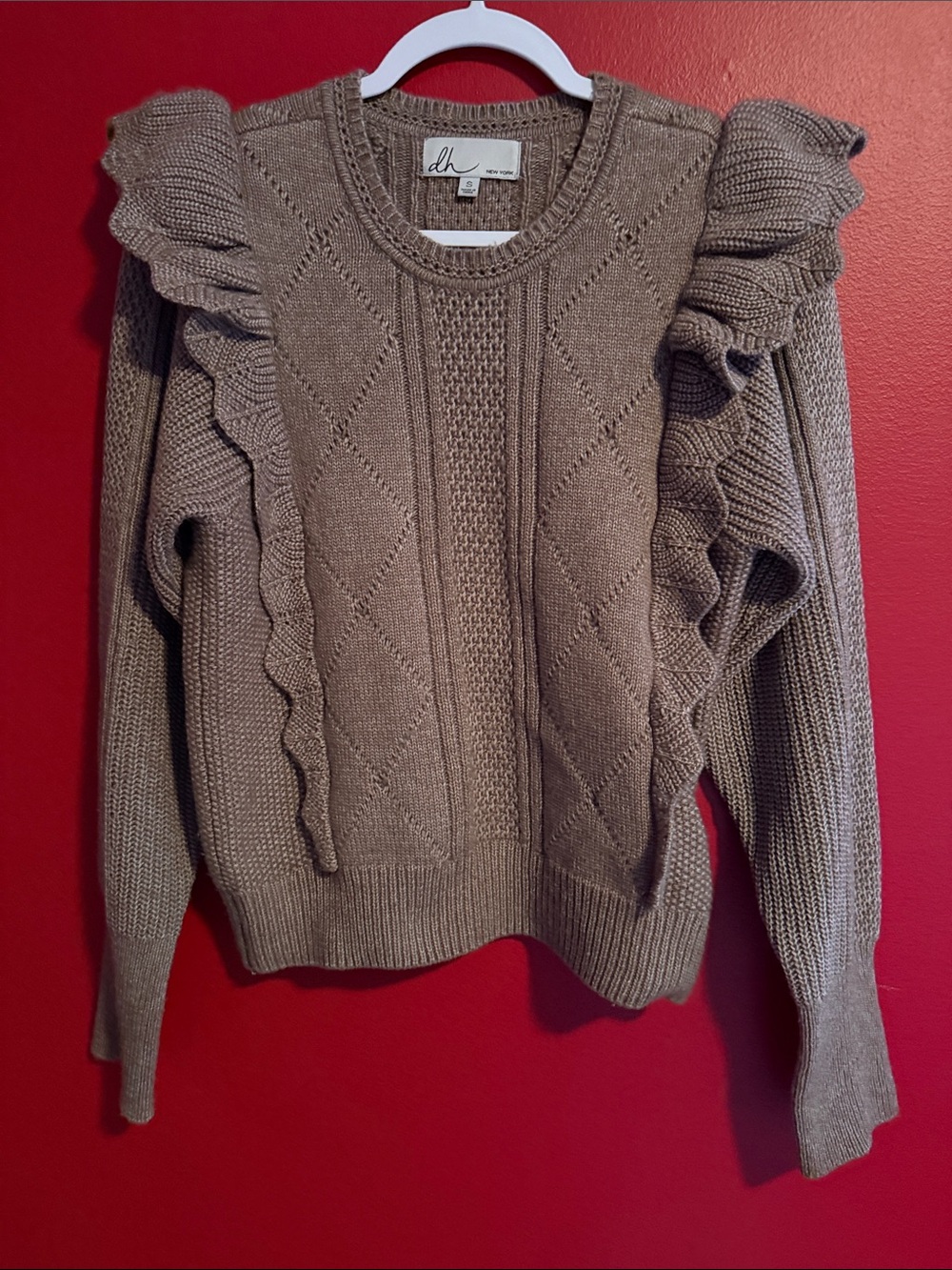 dh New York Taupe Sweater w/ Ruffle Shoulder Down Bodice